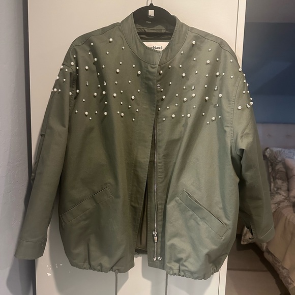River Island Khaki Pearl & Rhinestone Studded Zip Up Canvas Bomber Jacket Size S - Picture 1 of 12